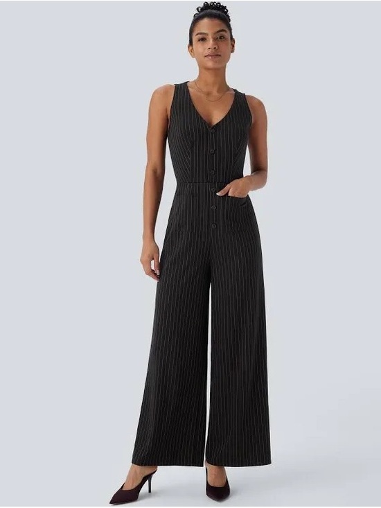 HALARA Pants - Halara pin stripe button front Jumpsuit with open back size S